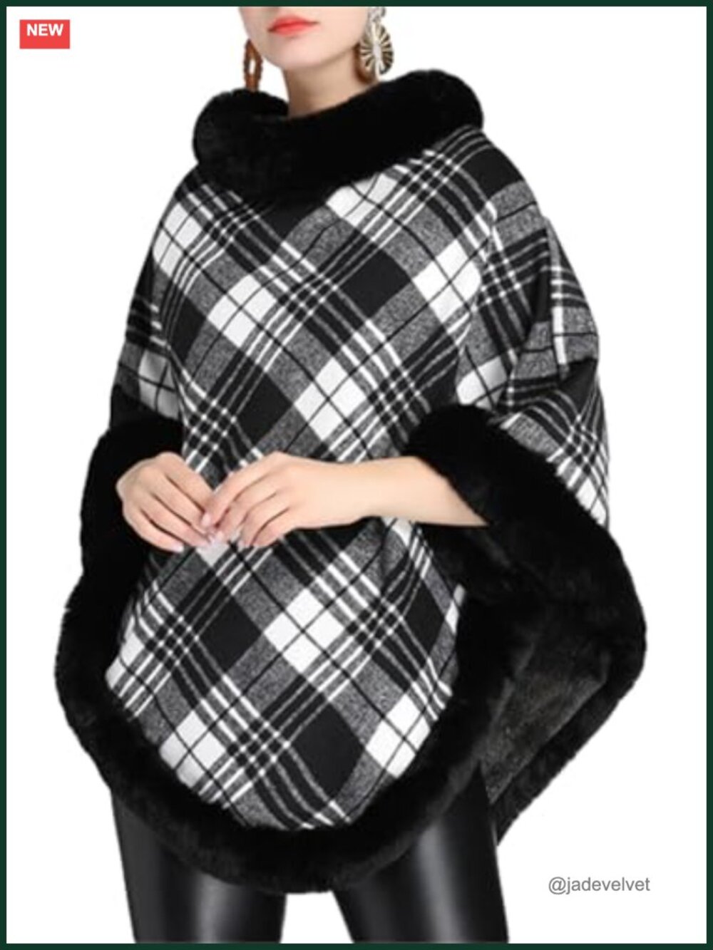 Faux Fur Collar Plaid Fleece Poncho Cape Shawl Wrap Winter Warm